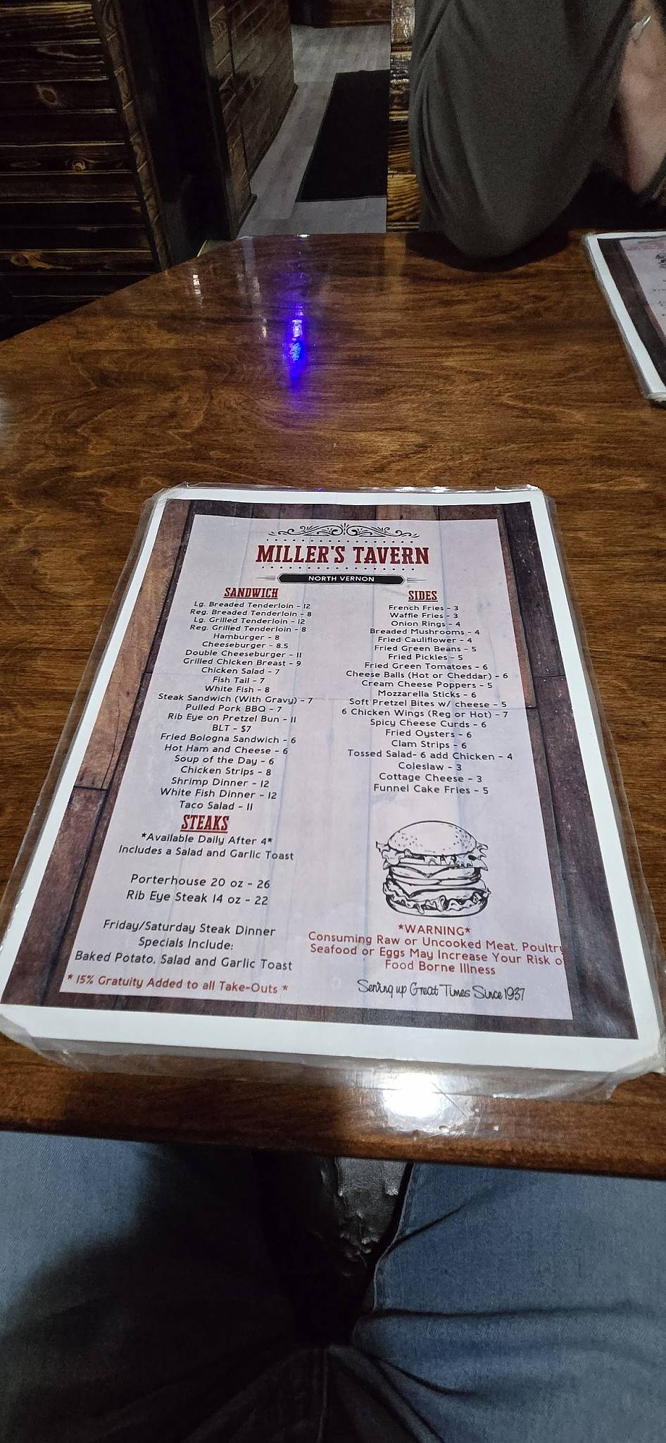 Menu at Miller's Tavern pub & bar, North Vernon
