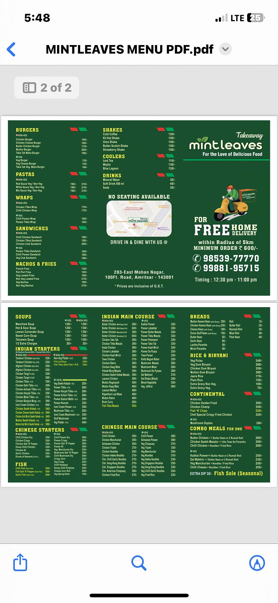 Mintleaves Takeaway menu