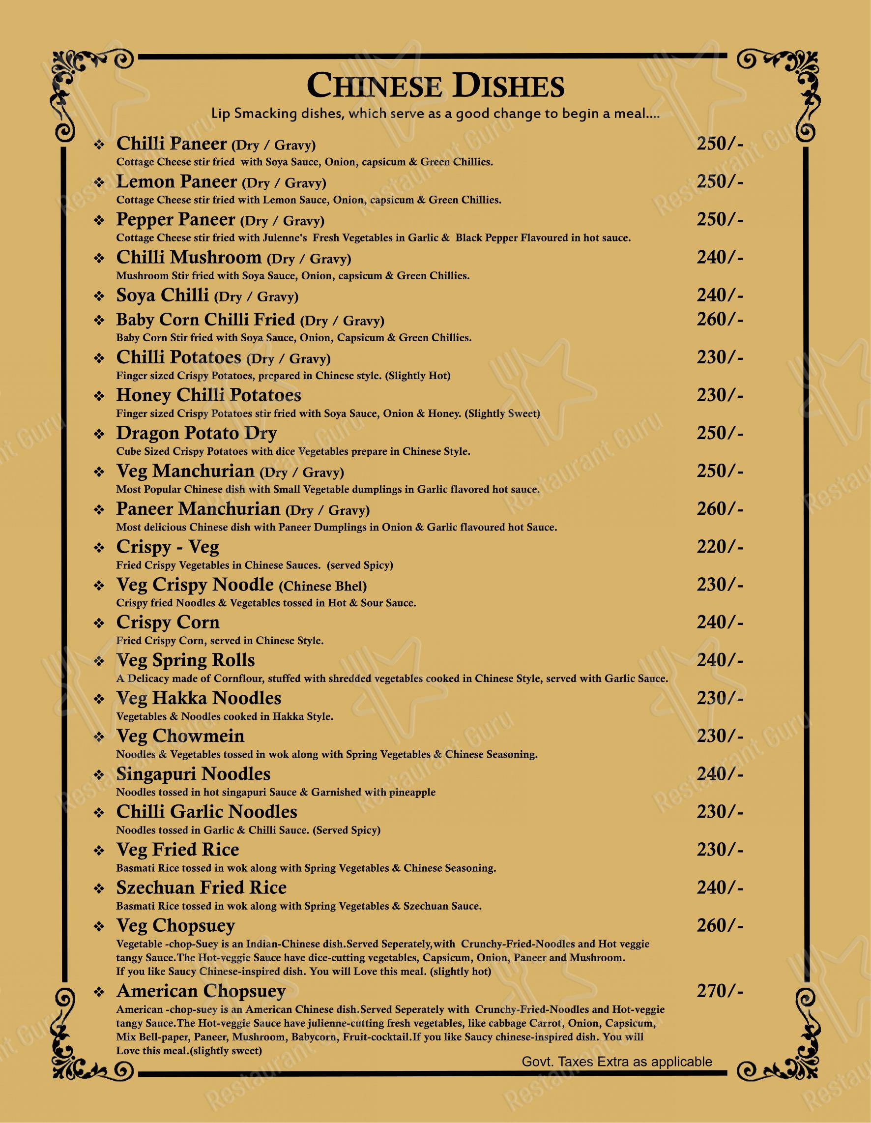 Menu for the Mishtten Club & Resort restaurant