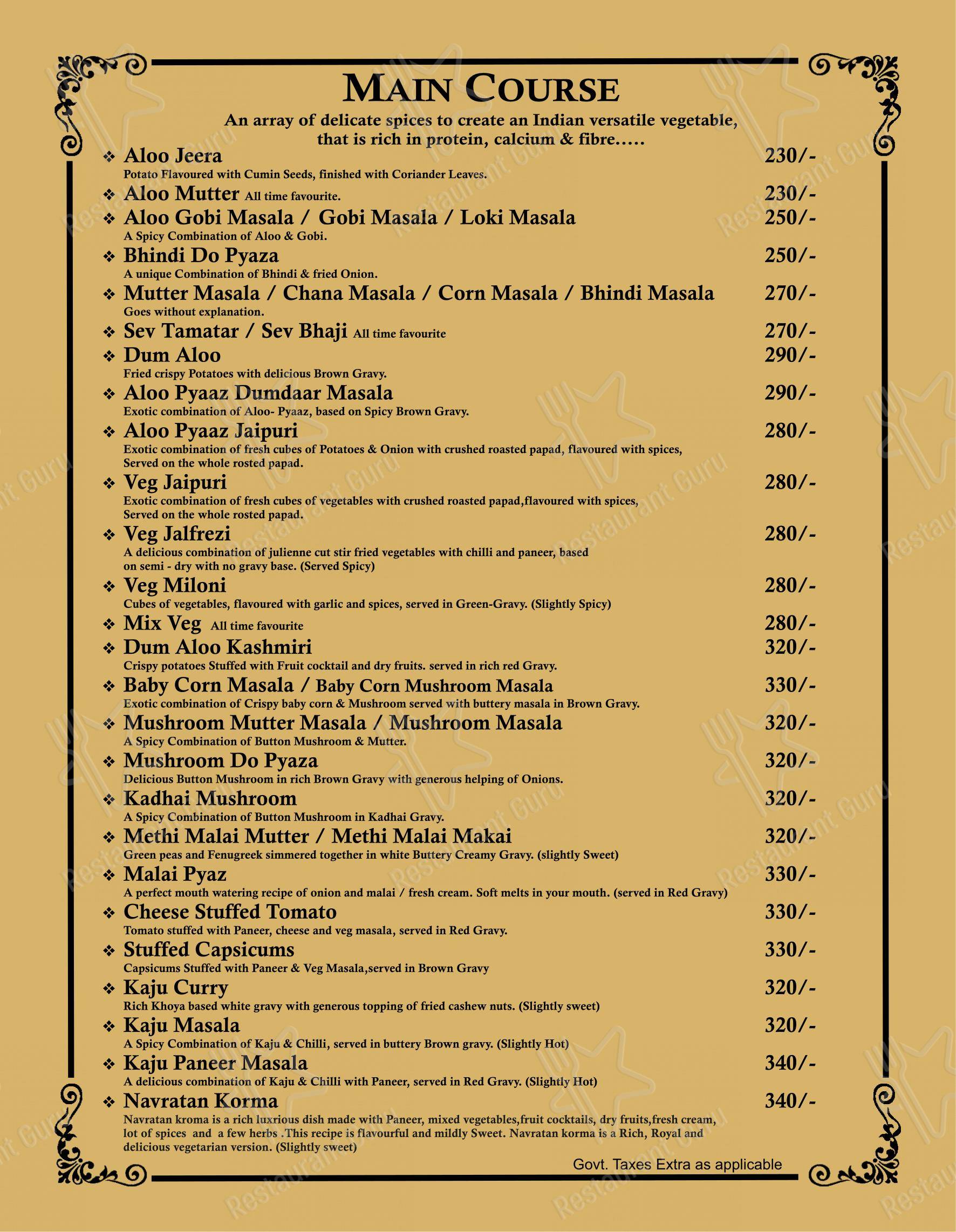 Menu for the Mishtten Club & Resort restaurant