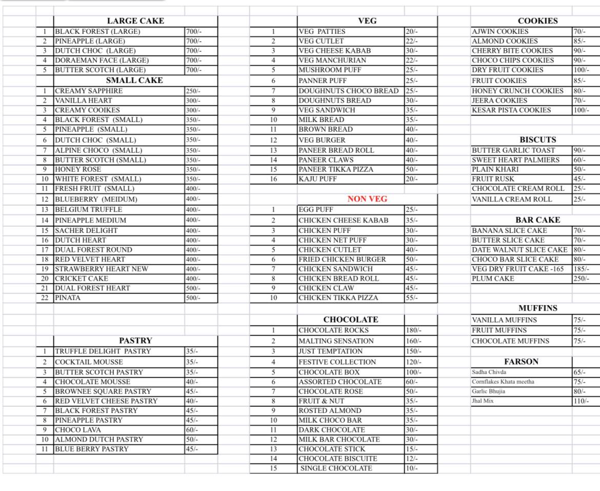 Monginis Cake Shops, Berhampur menu