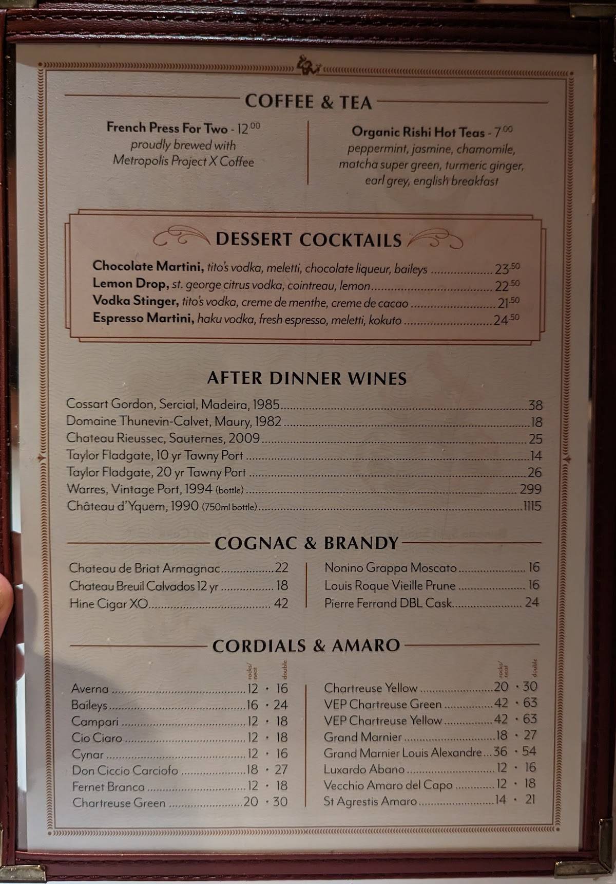 Menu at Monkey Bar, West New York