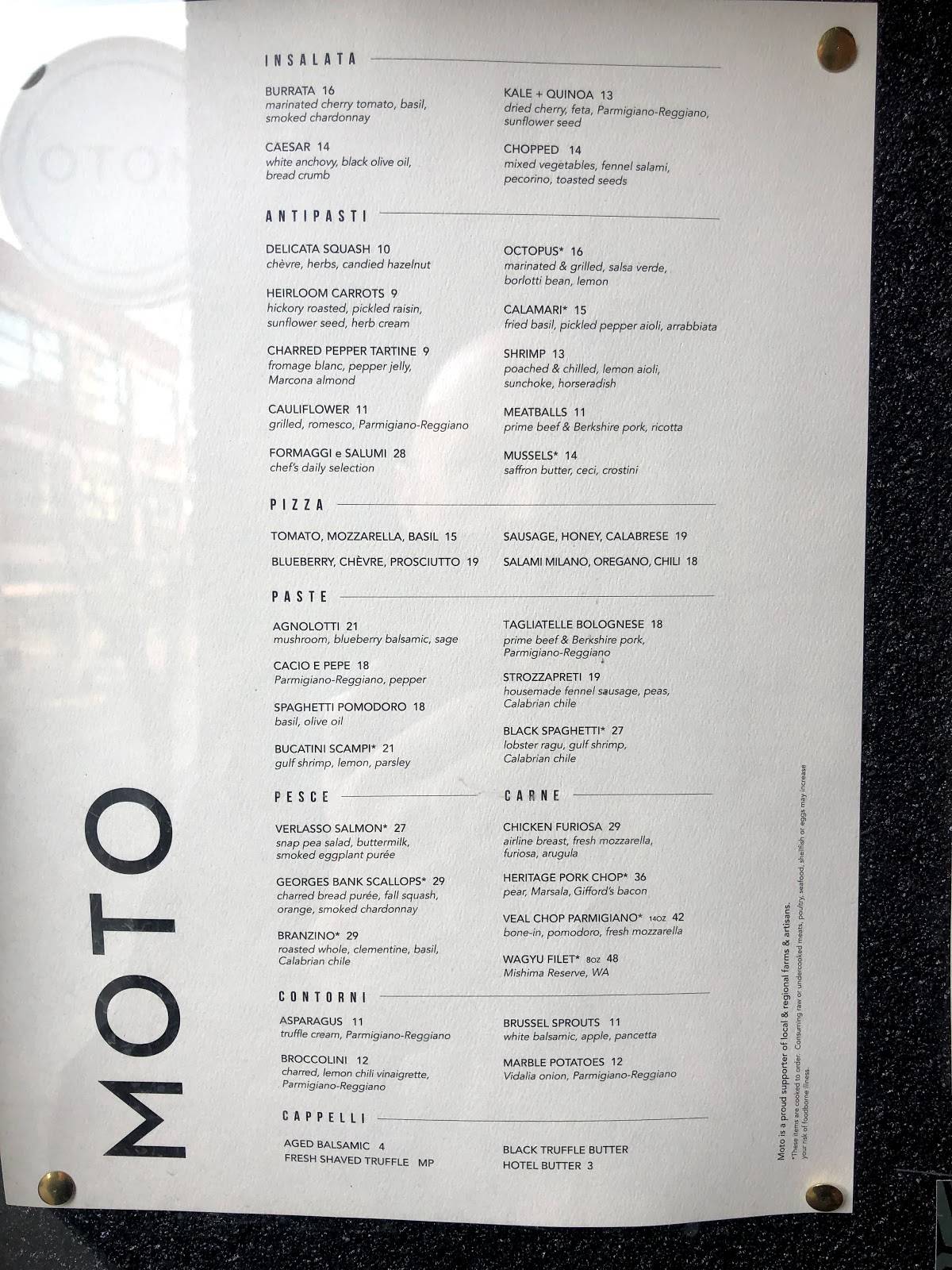 menu du restaurant moto