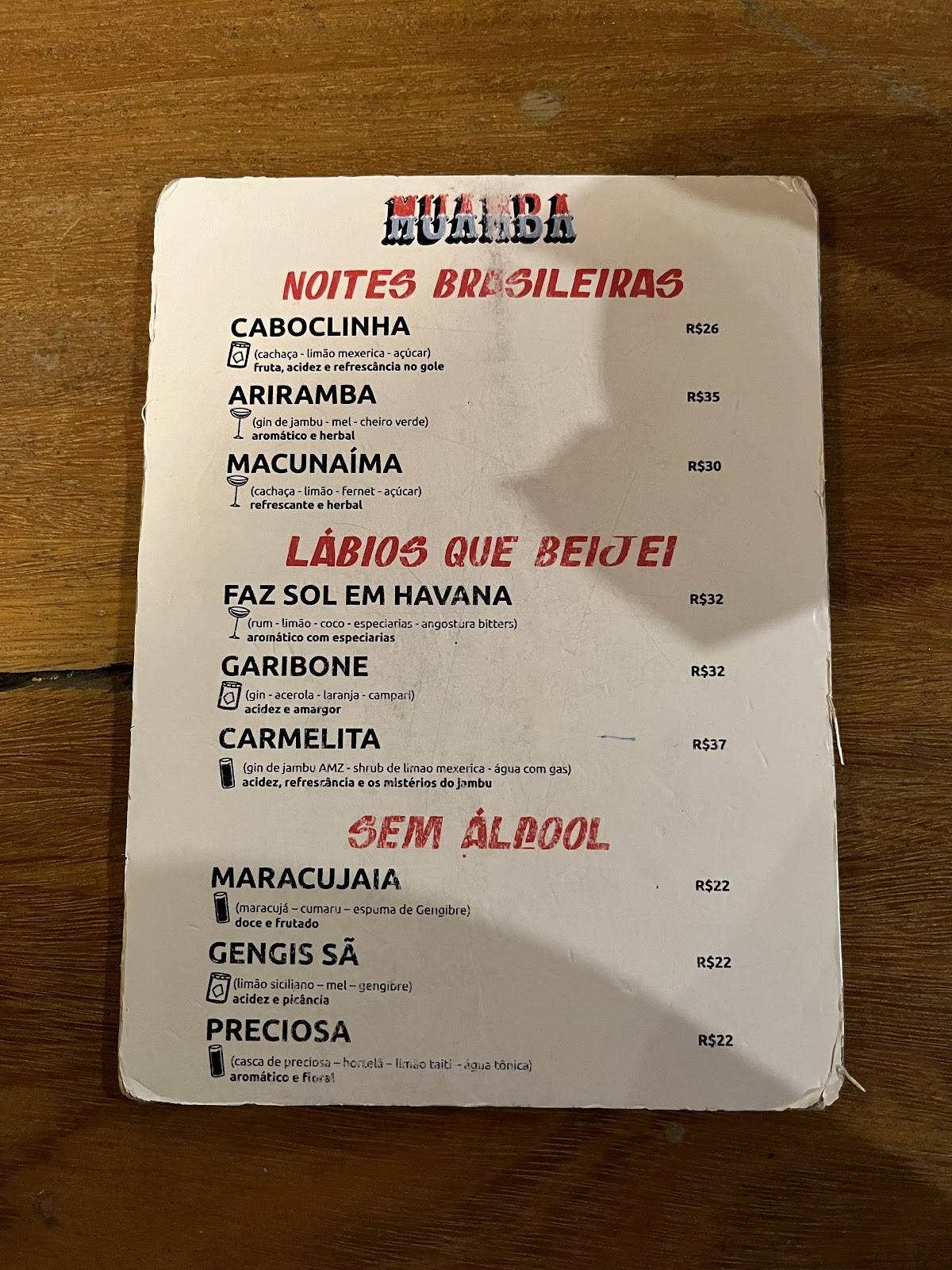 Muamba Bar e Coquetéis cardápio
