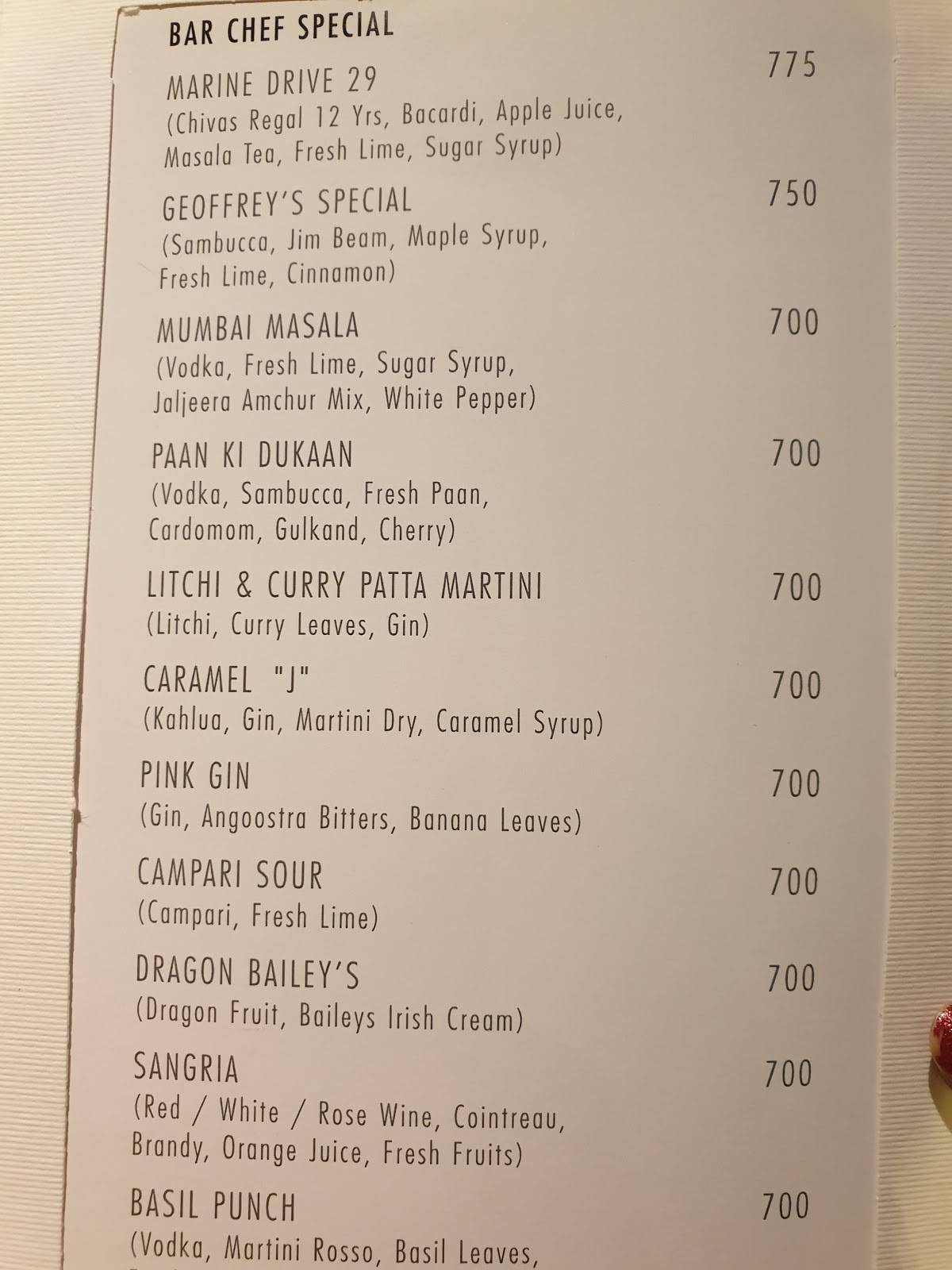 Geoffrey's menu