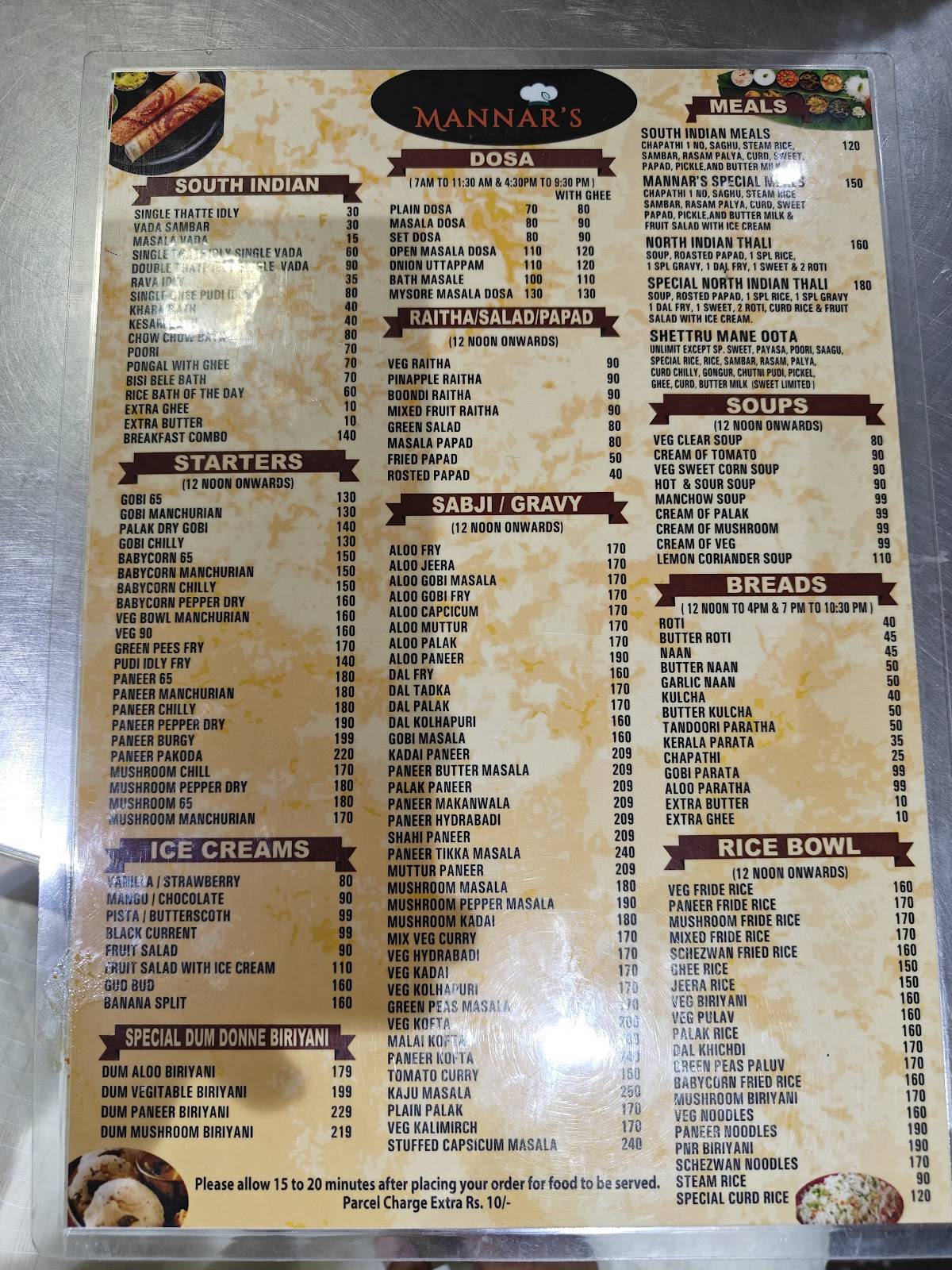 Mannar's Pure Veg Restaurant menu