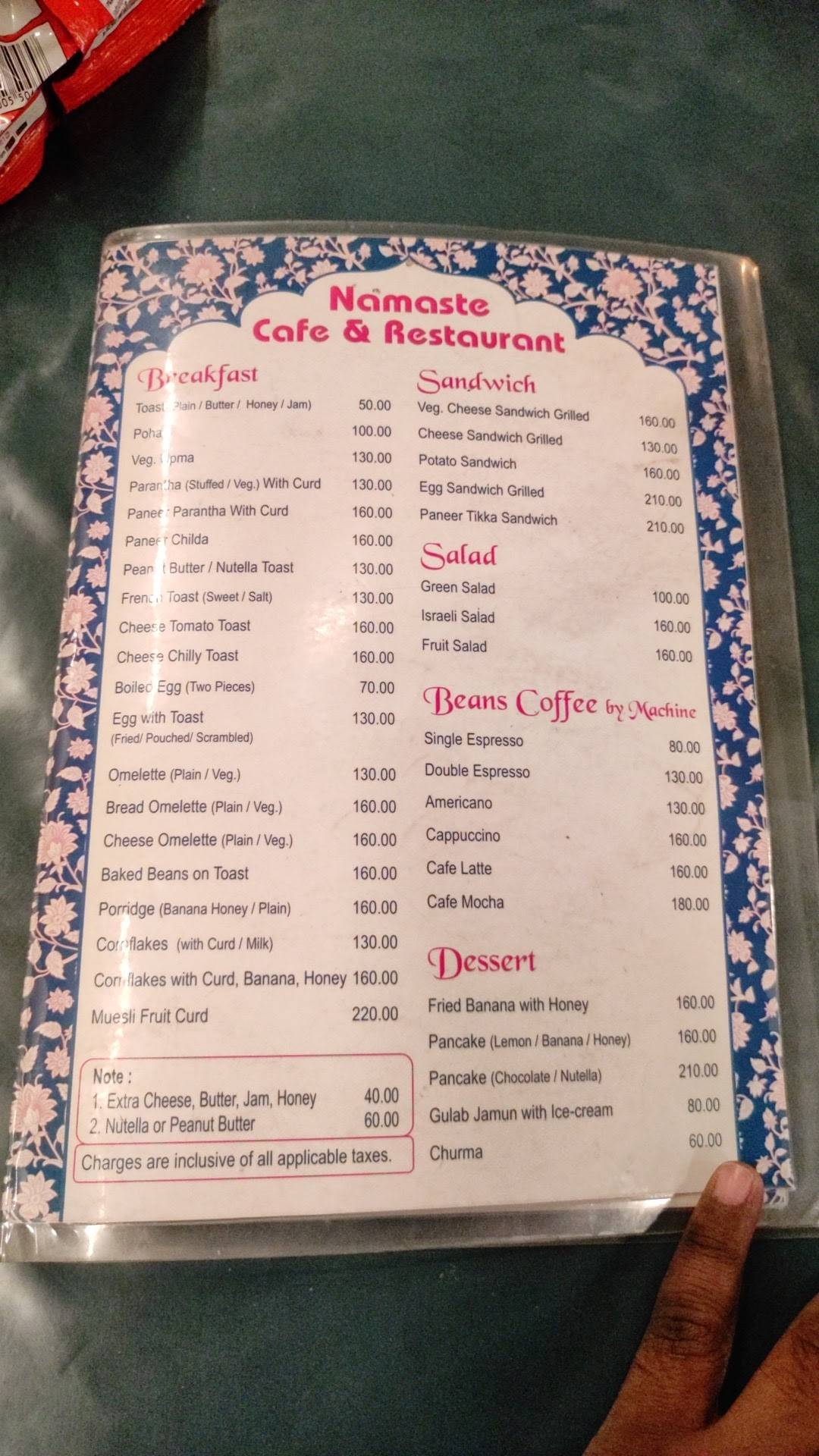 Namaste Cafe & Restaurant - Best Indian Food Restaurant in Udaipur menu