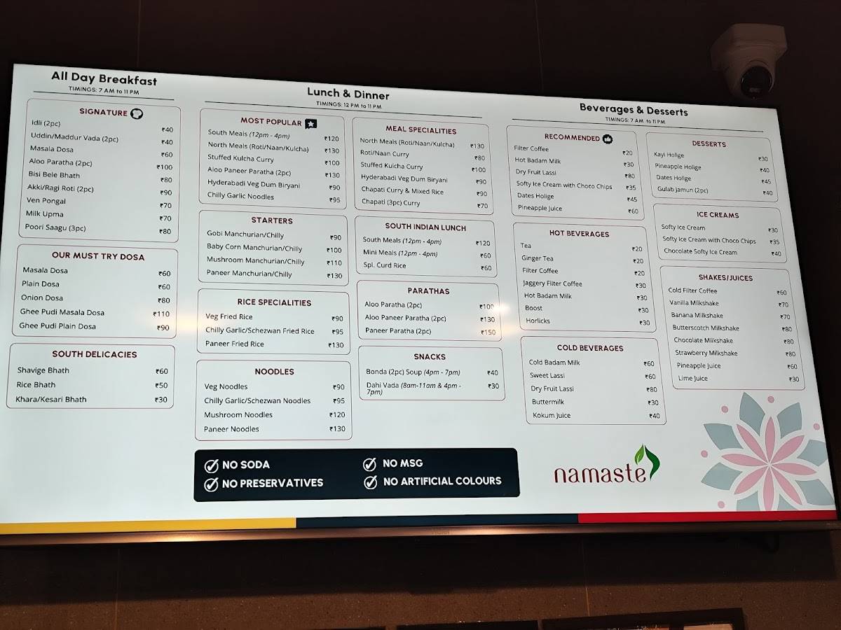Namaste menu
