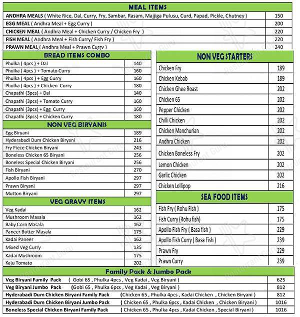 Nanda Gokula Family Restaurant menu