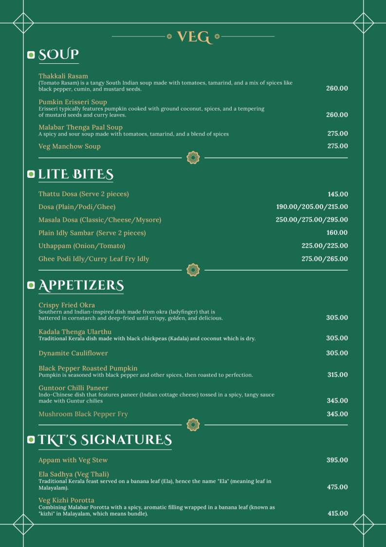 The Kerala Table menu