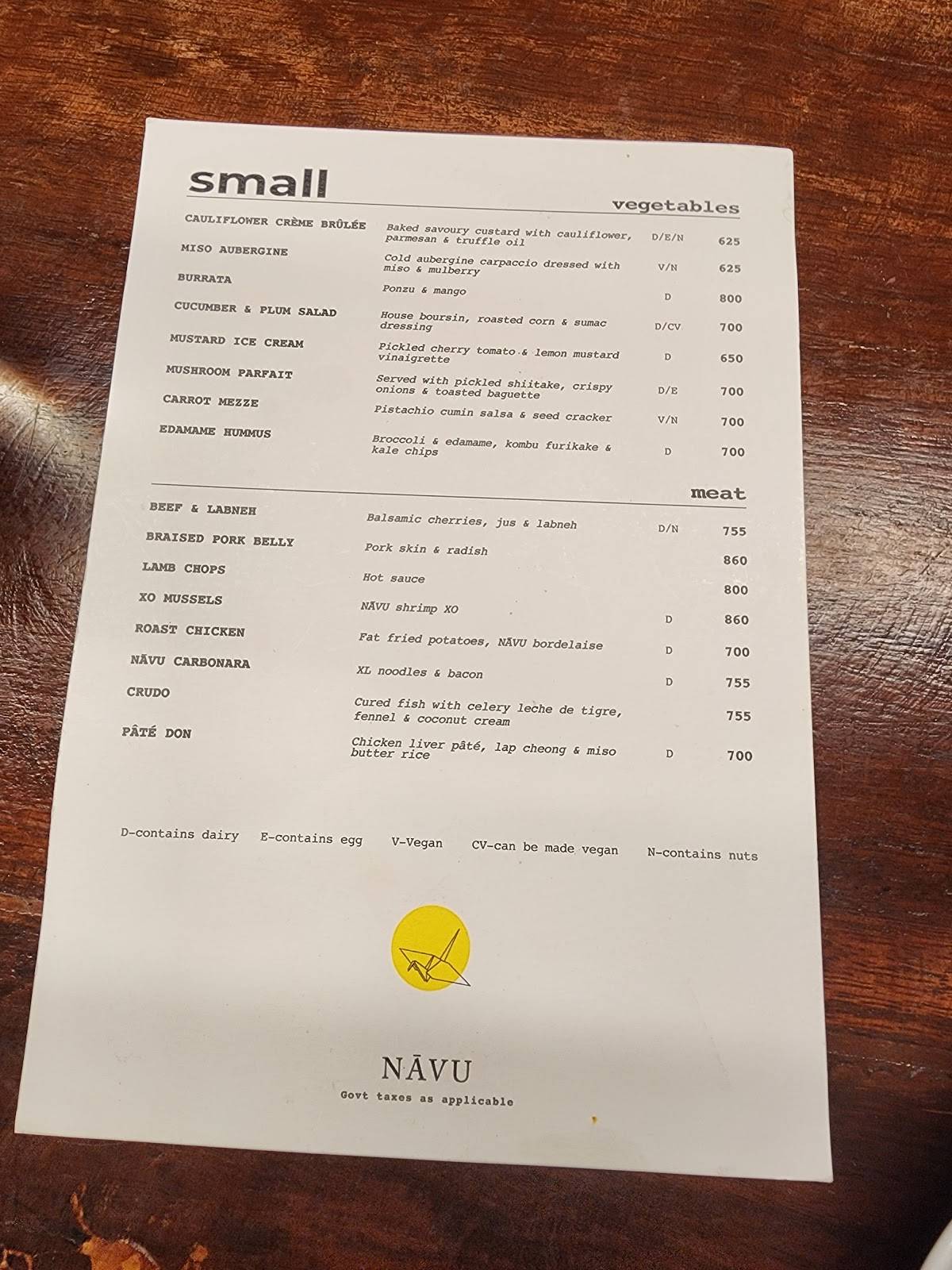Nāvu Kitchen menu