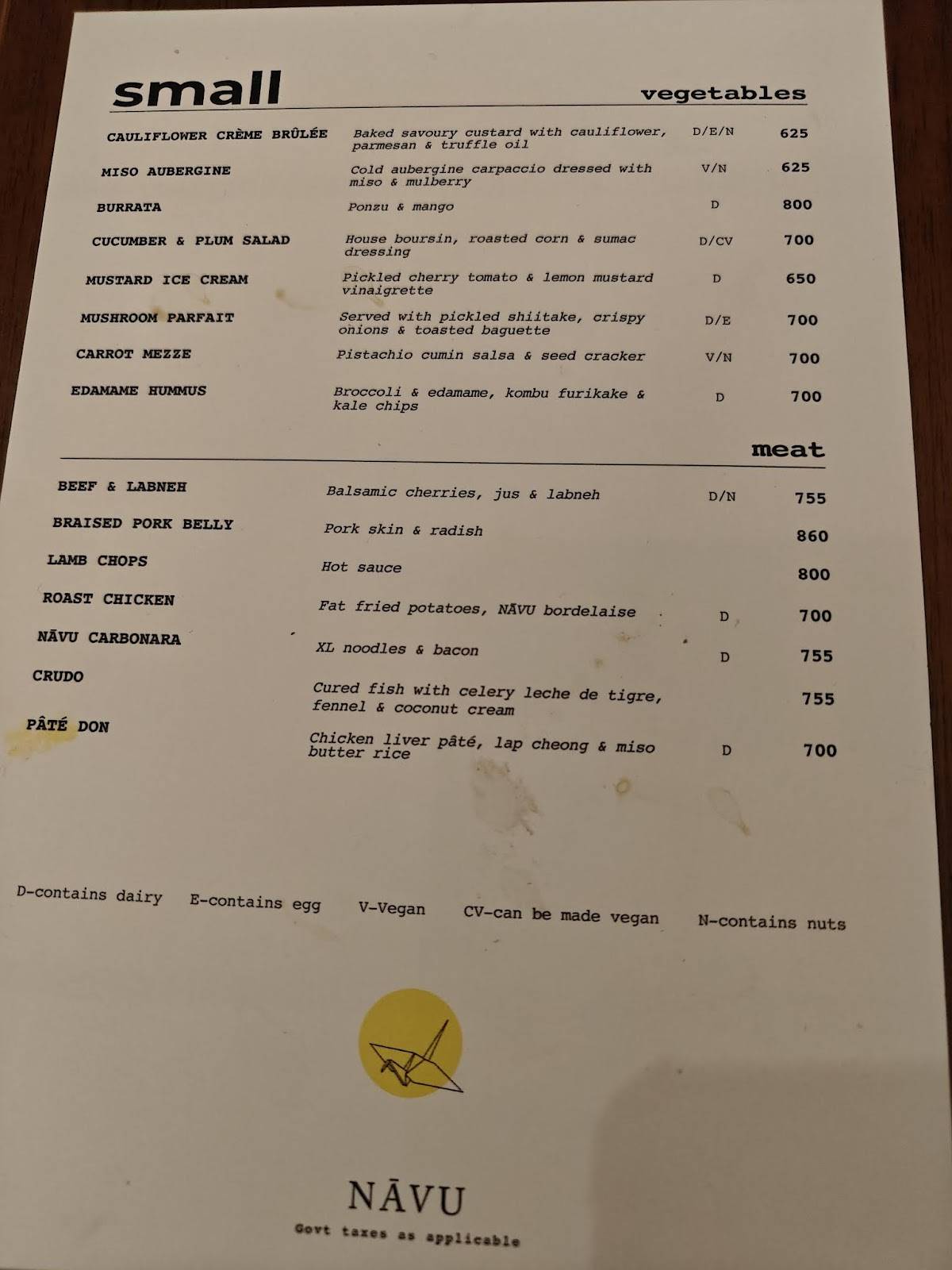 Nāvu Kitchen menu