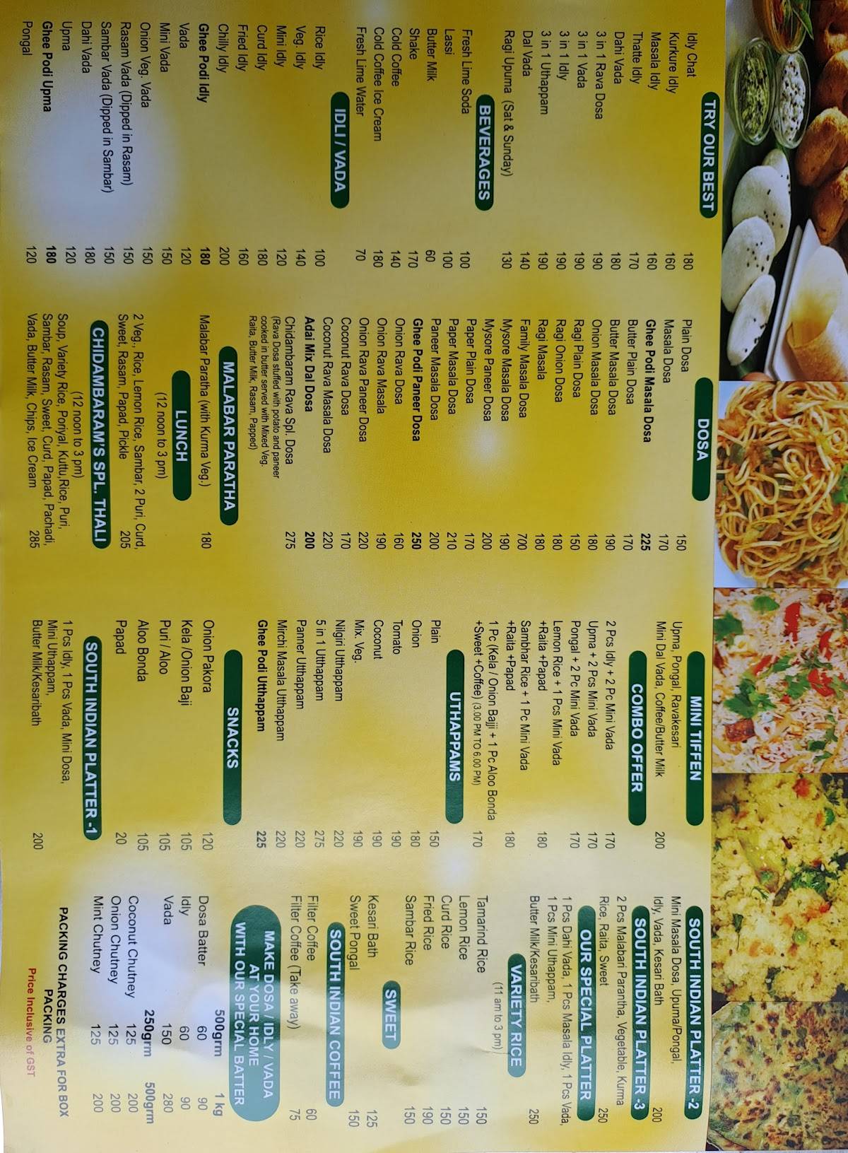 Chidambaram's New Madras Hotel menu
