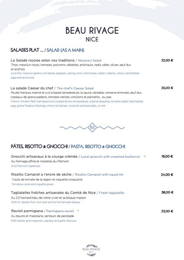 Menu de Plage Beau Rivage Nice