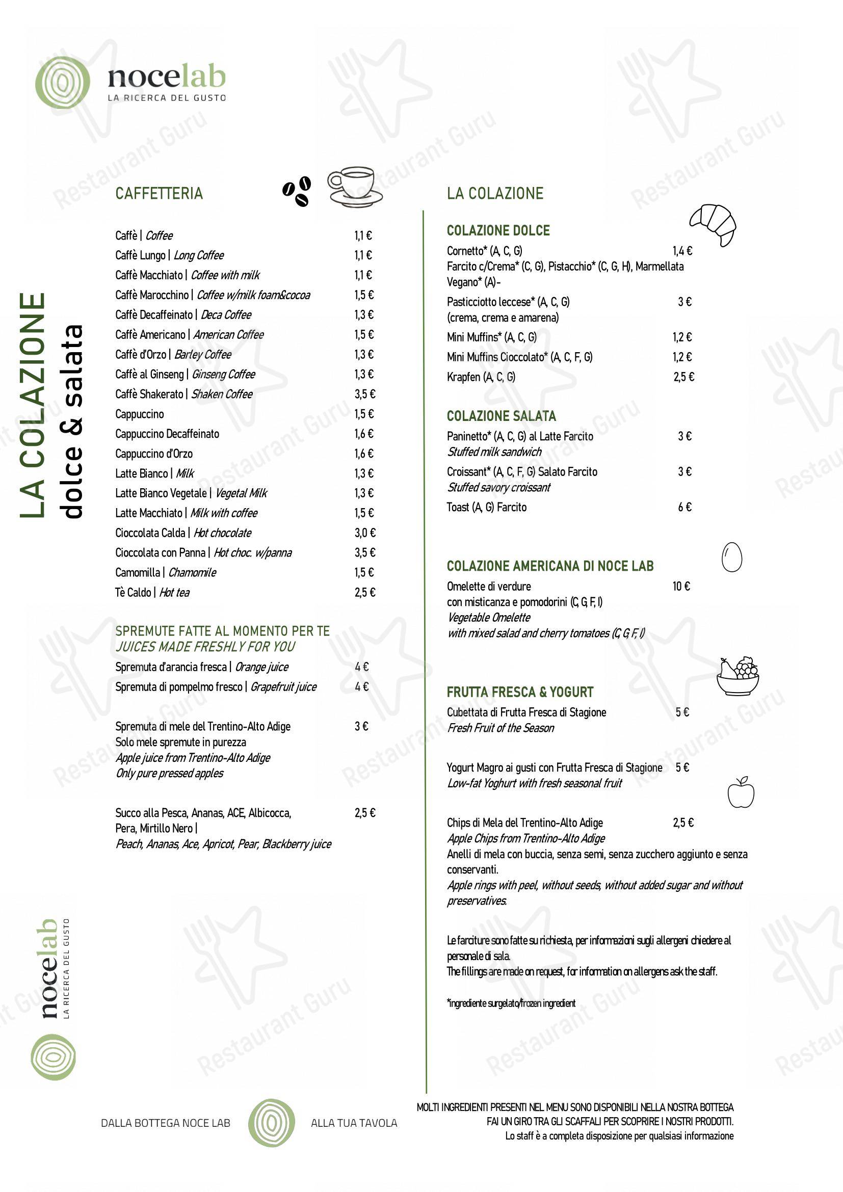 Menu per NoceLab in Milano