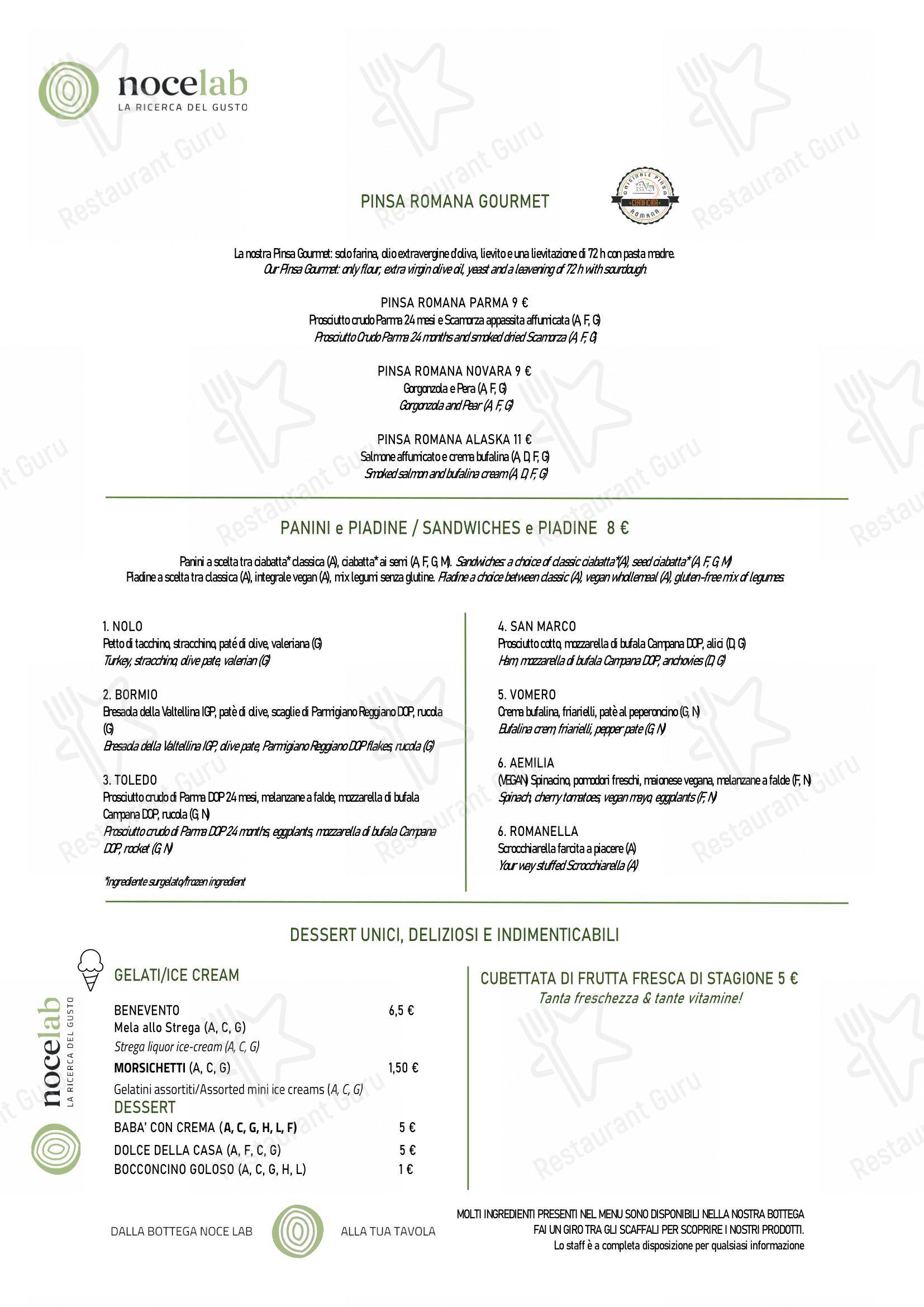 Menu di NoceLab - Menu