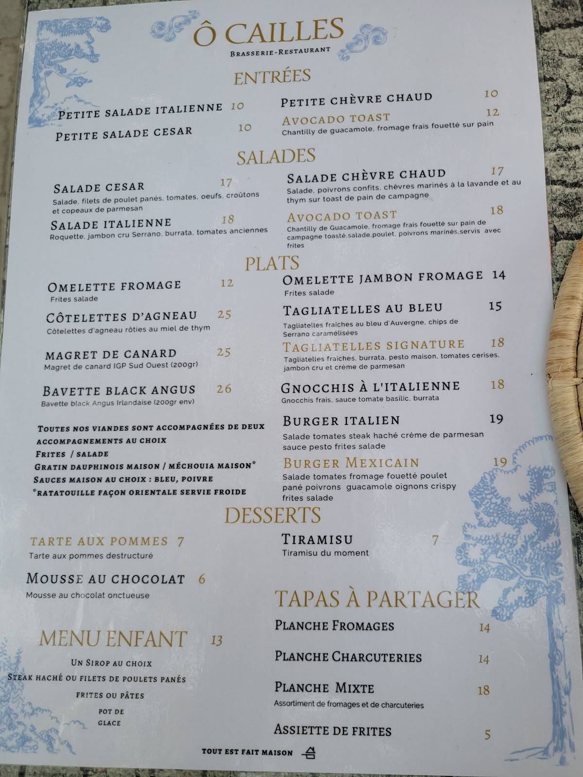 Menu de Ô Cailles