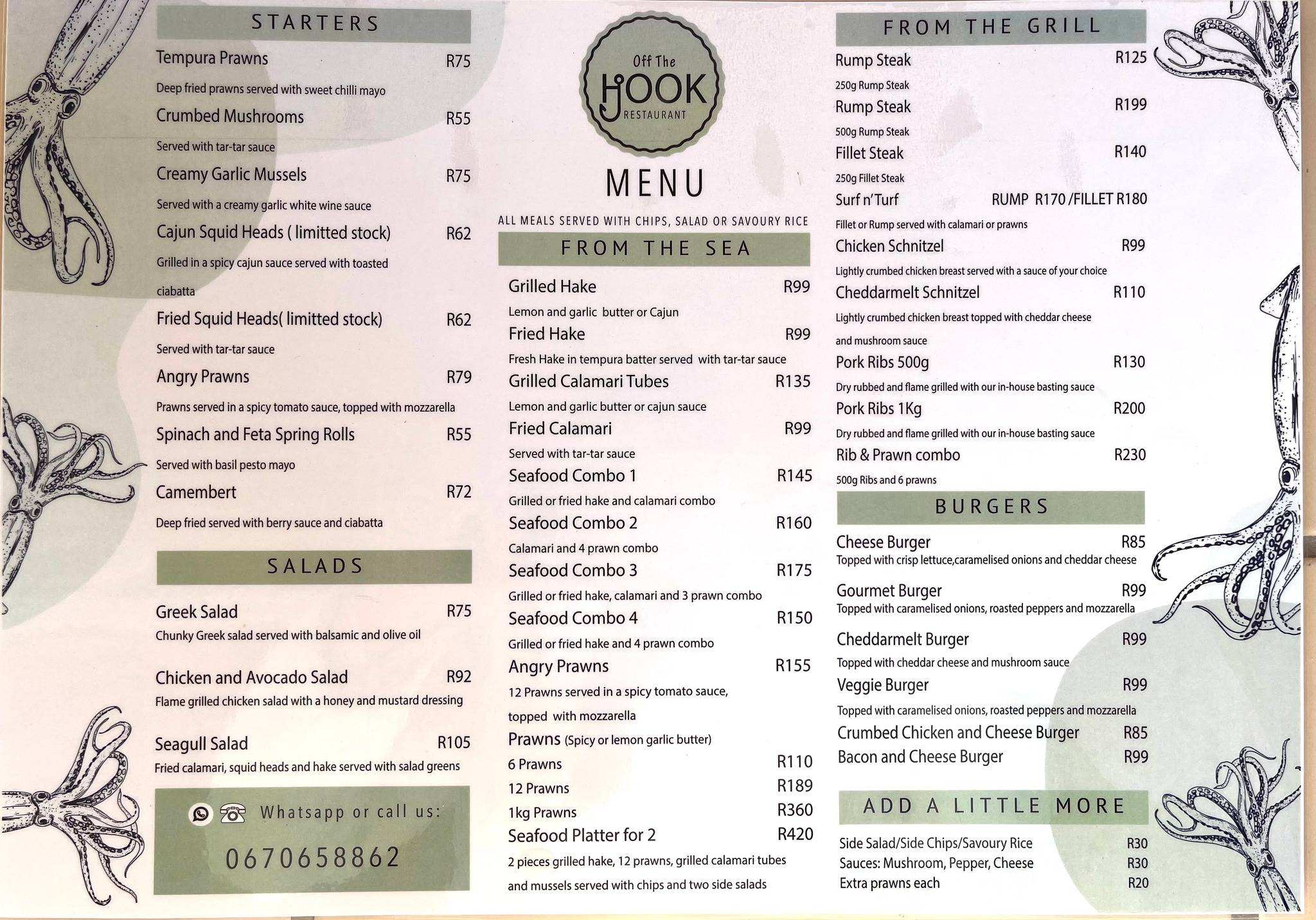 Menu at Off the Hook restaurant, Port Elizabeth