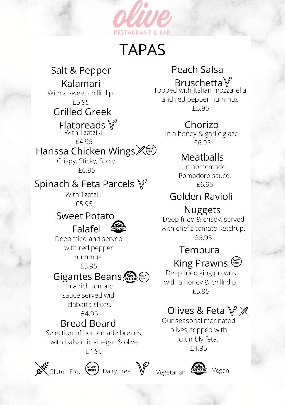 Menu at Olive restaurant, Corby