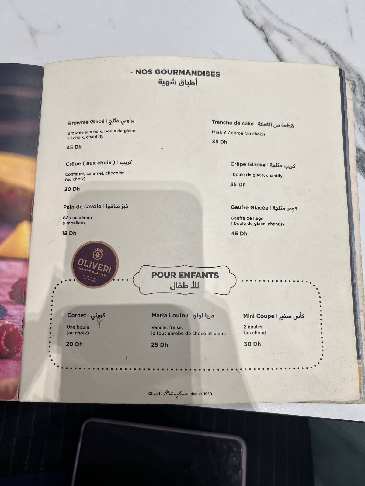 Menu de Oliveri