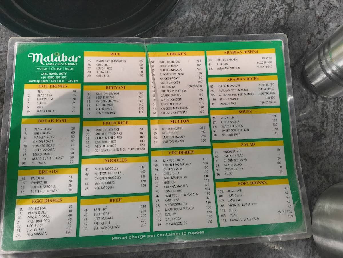 Malabar Restaurant menu