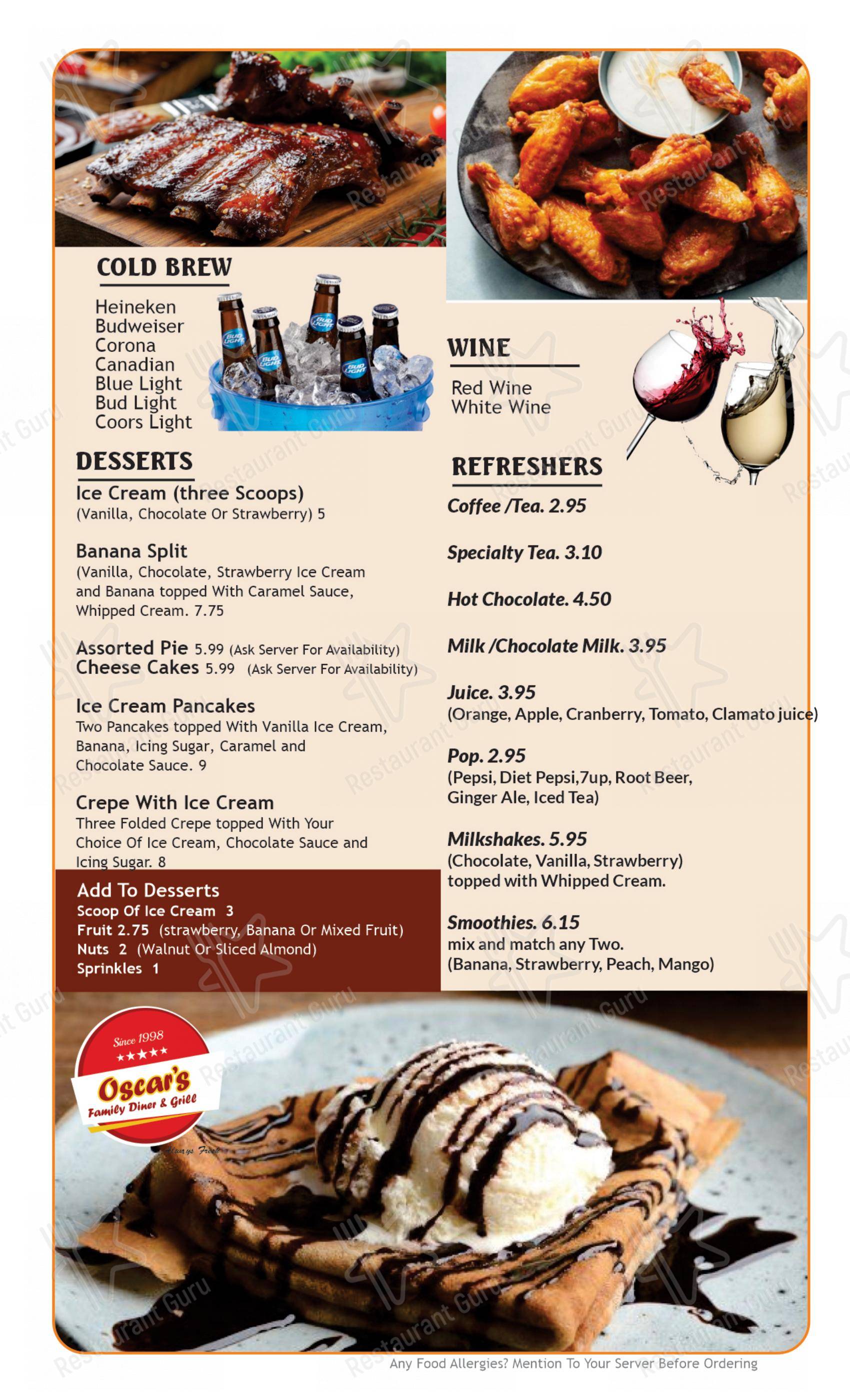 Menu bar pour Oscar's Family Diner & Grill dans Kitchener