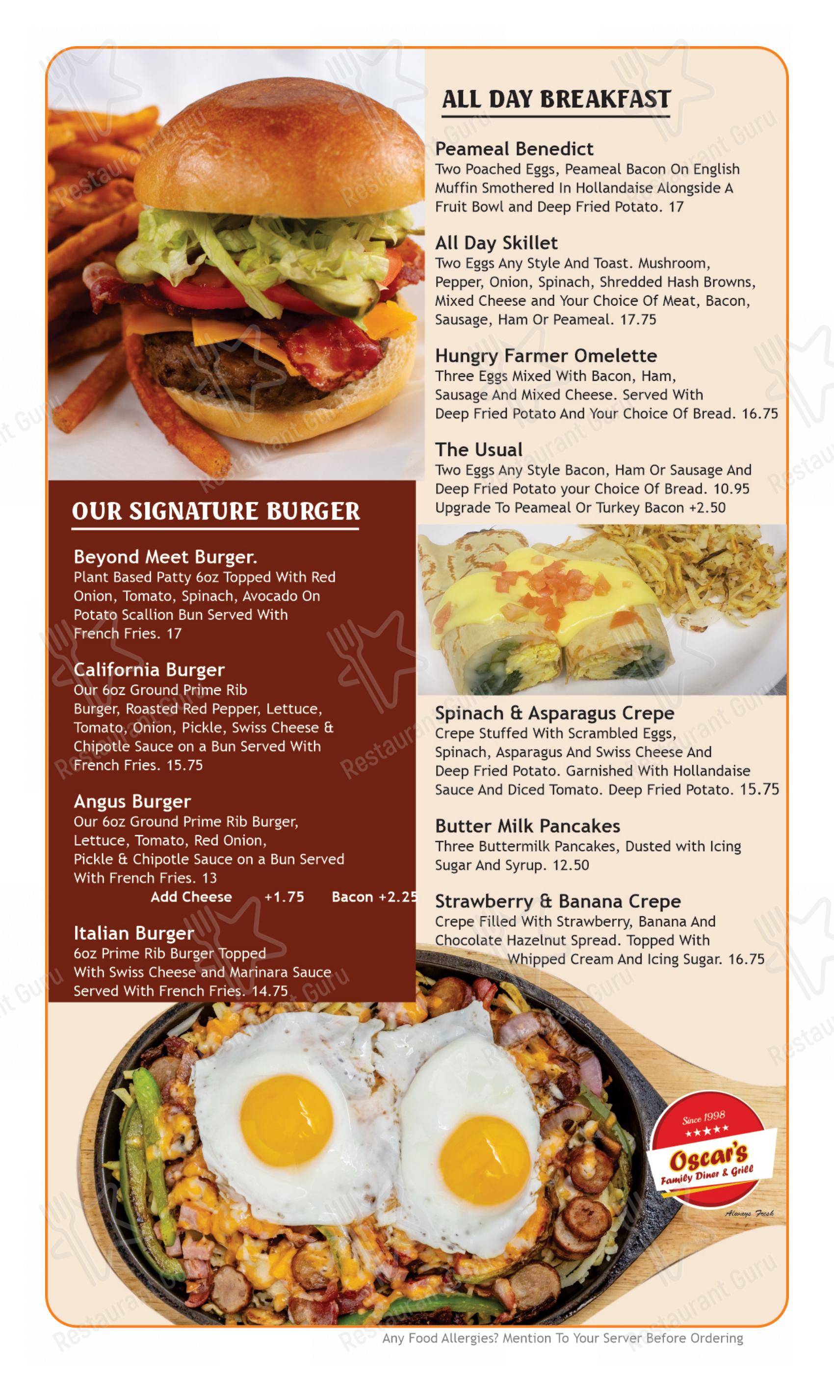 Menu pour Oscar's Family Diner & Grill - Menu bar