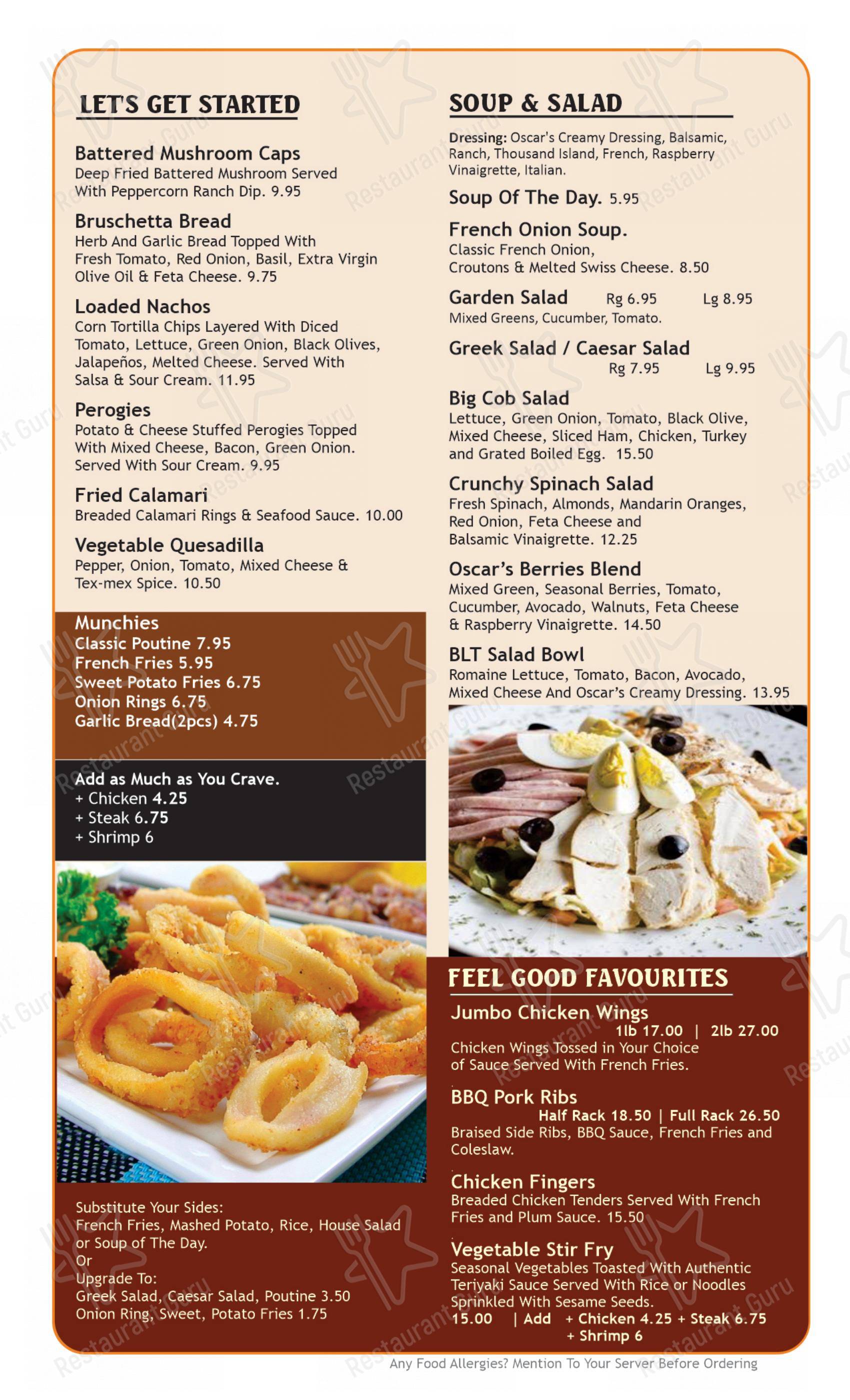 Menu bar pour Oscar's Family Diner & Grill dans Kitchener