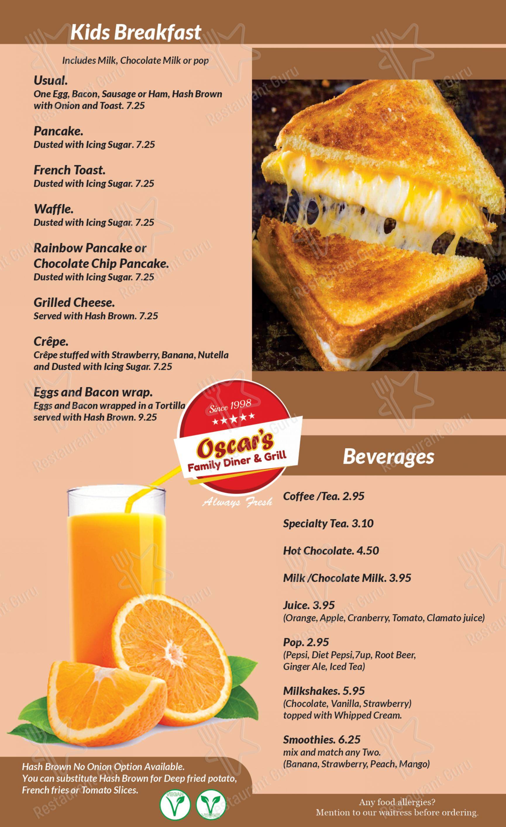 Menu pour Oscar's Family Diner & Grill dans Kitchener