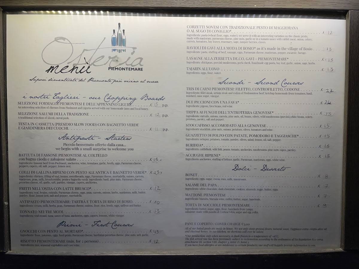Menu di Osteria Piemontemare - Ghio Vini