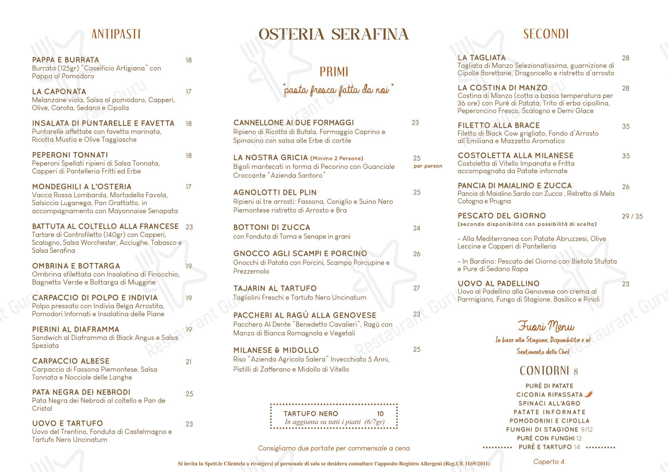 Osteria Serafina in Milano - Menu