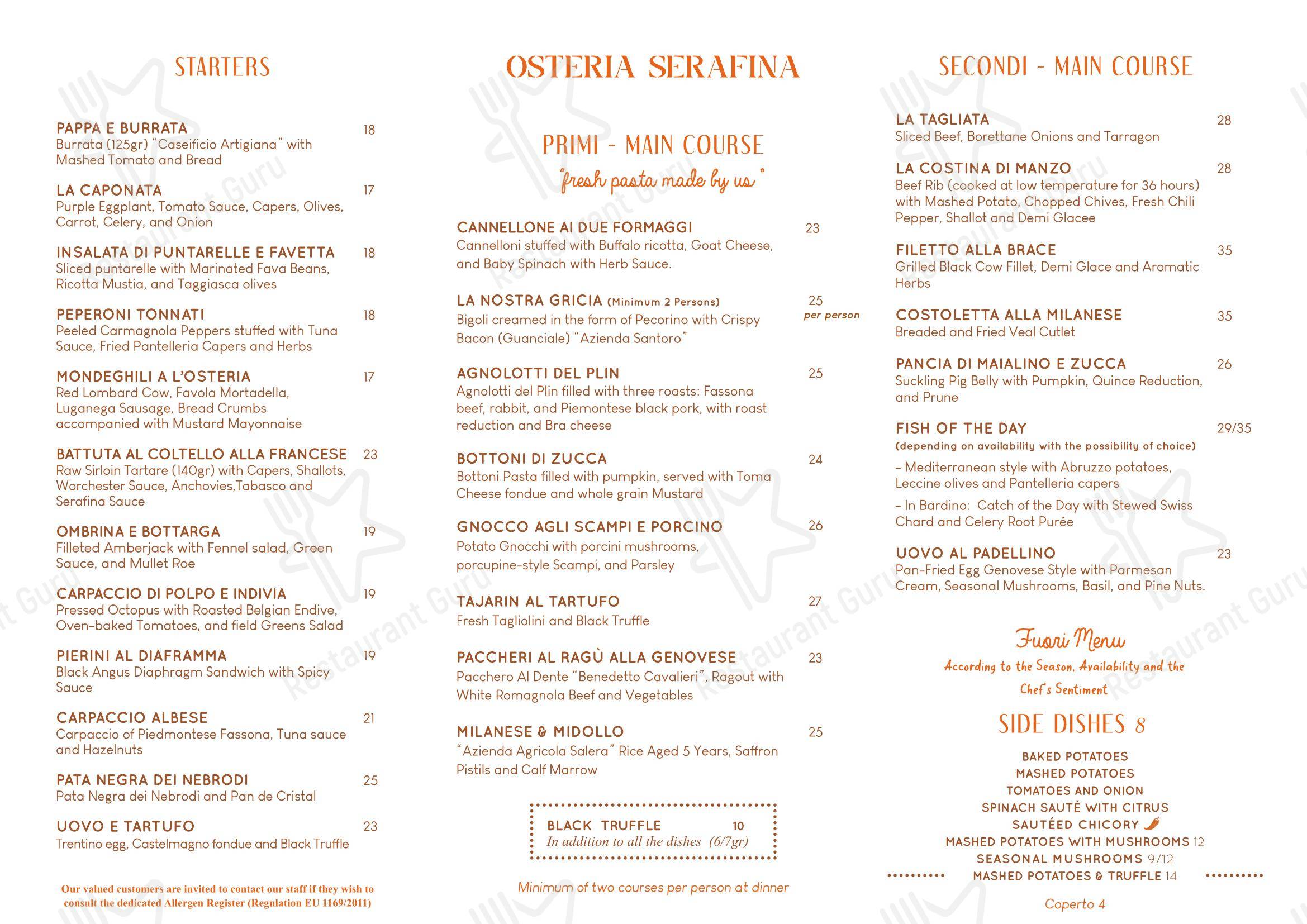 Menu bar per Osteria Serafina ristorante