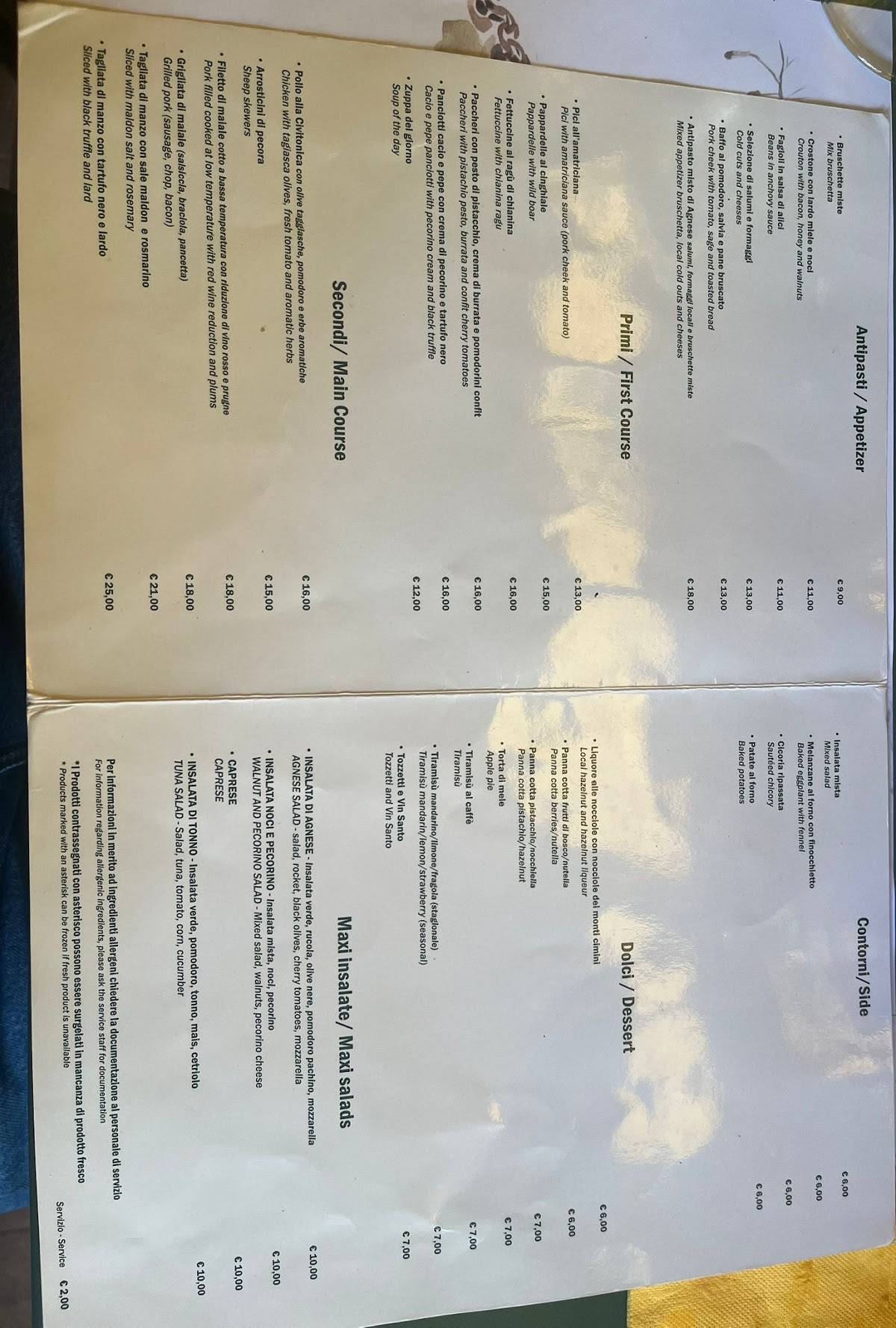 Menu di Osteria al Forno di Agnese