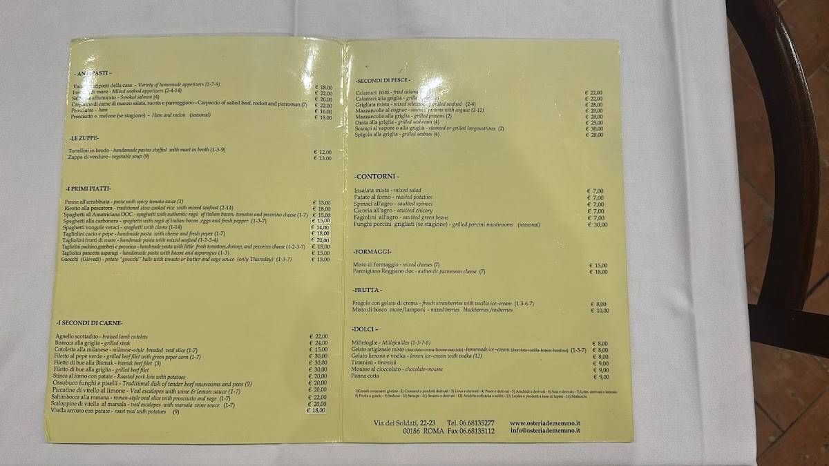 Menu di Osteria de Memmo 