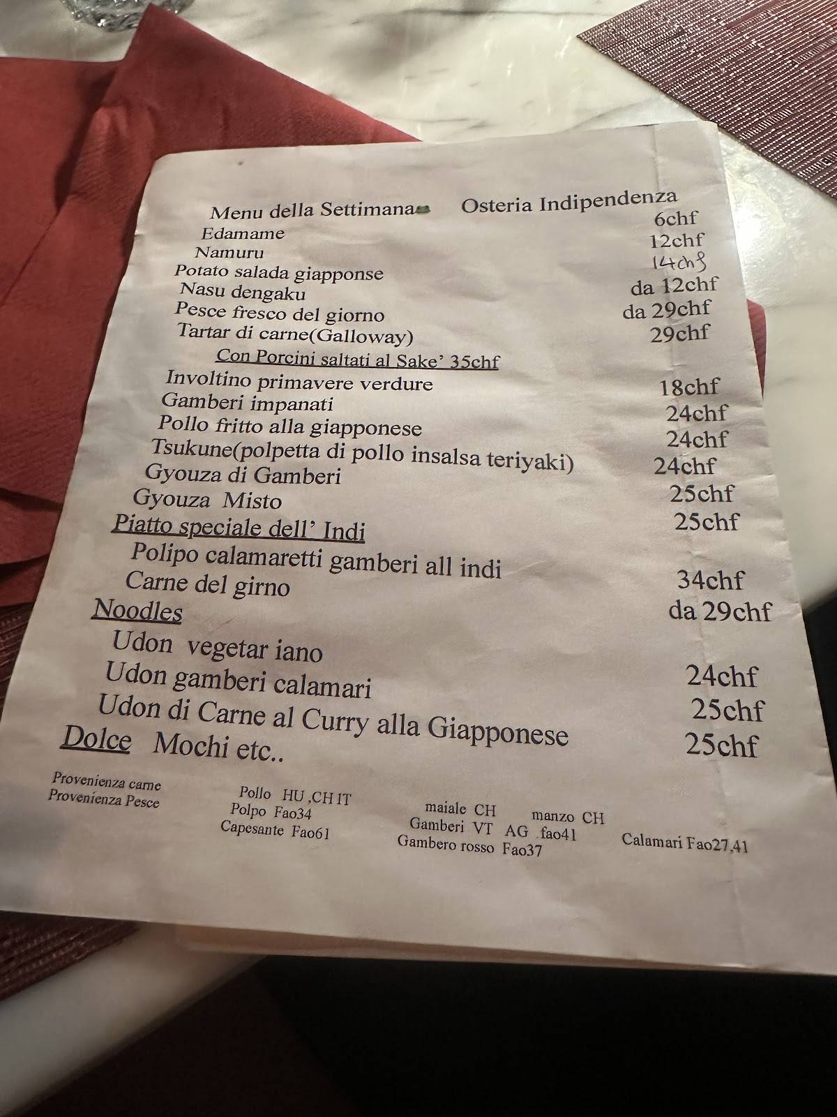 Menu di Osteria dell'Indipendenza 