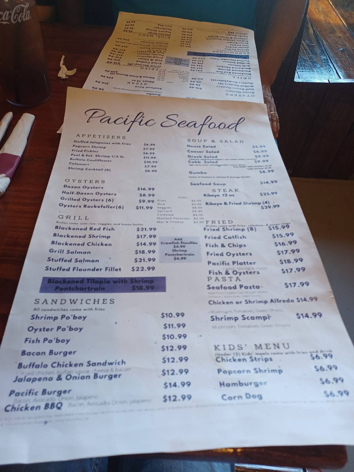 Menu at Pacific Seafood restaurant, San Leon