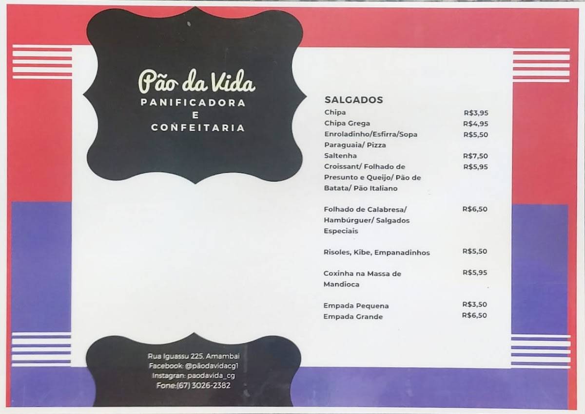 Padaria Panificadora e Confeitaria Pão da Vida cardápio
