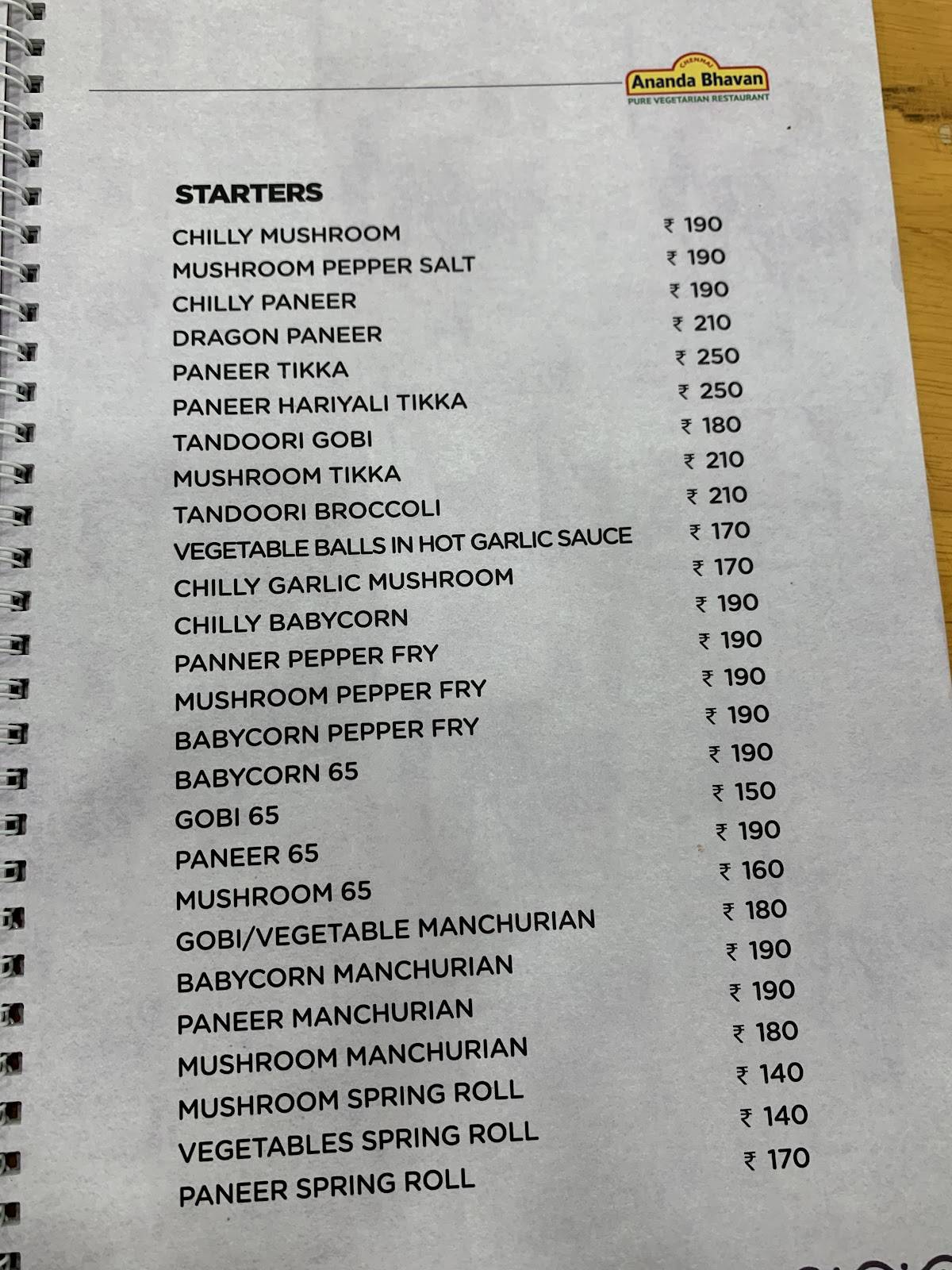 Chennai Ananda Bhavan menu