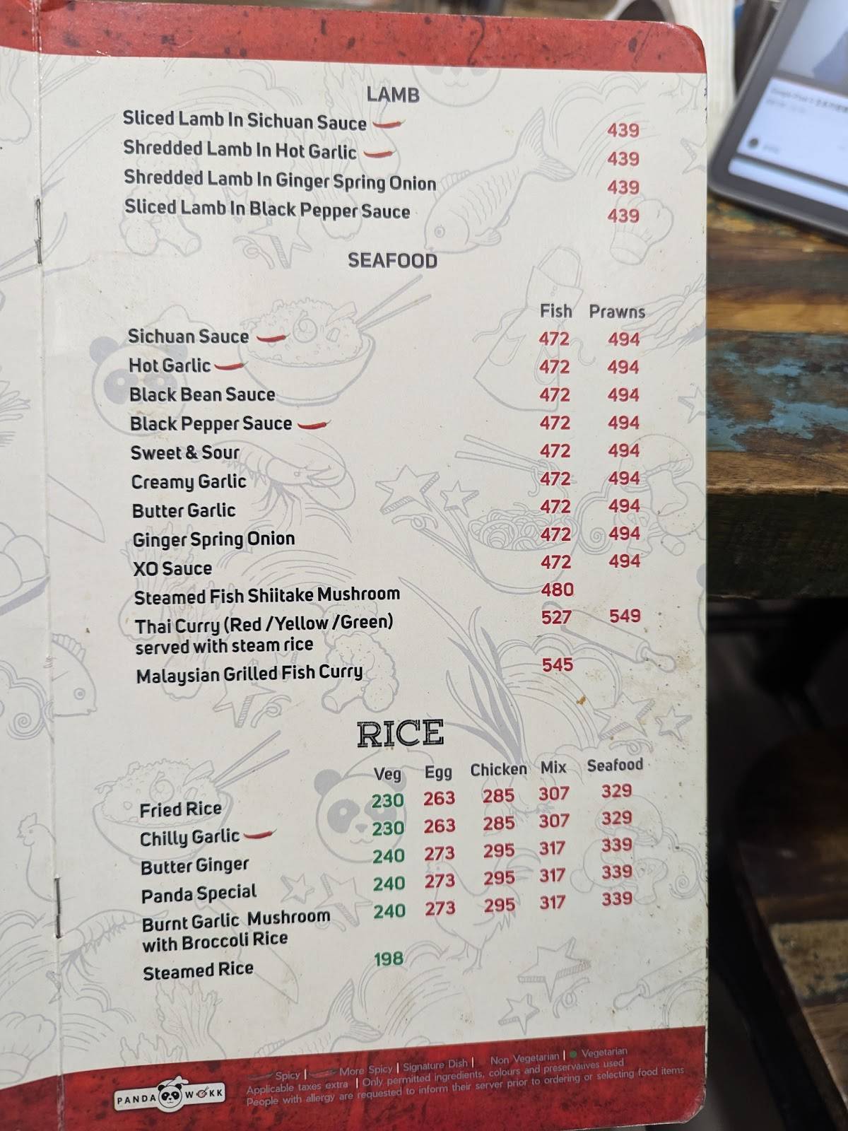 Panda Wokk menu