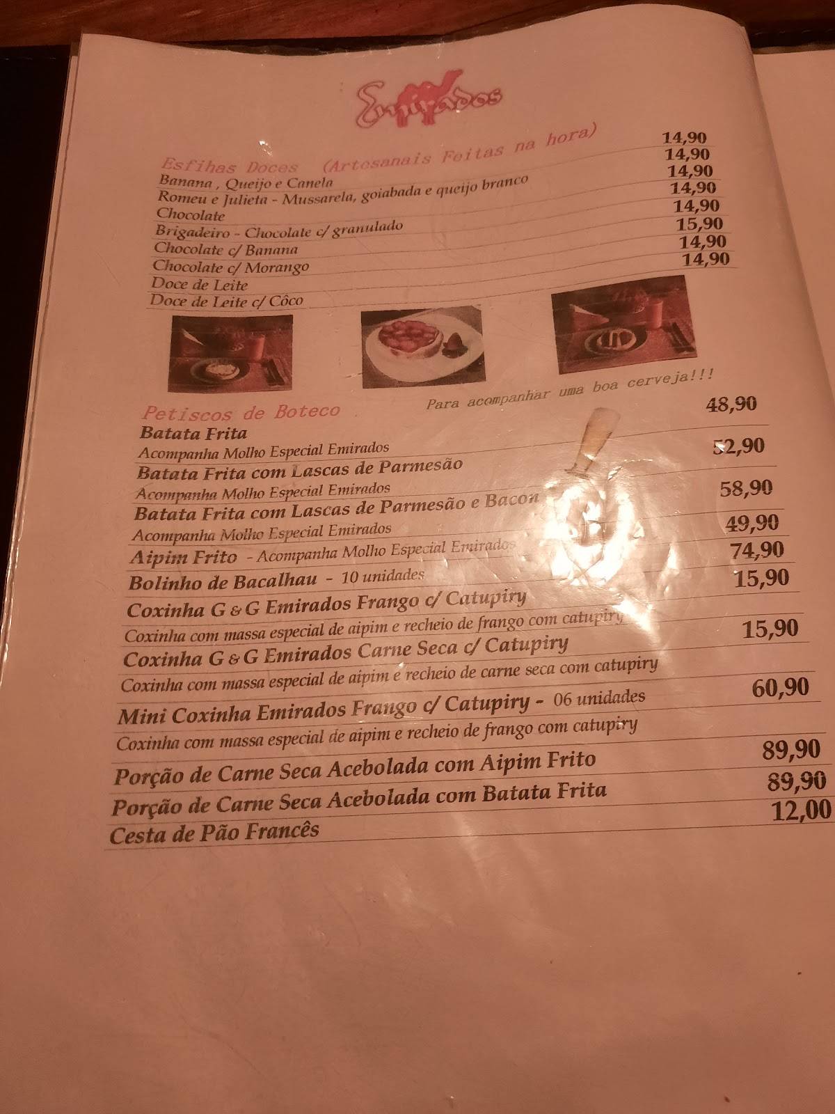 Emirados Esfiharia (Paraty RJ) cardápio