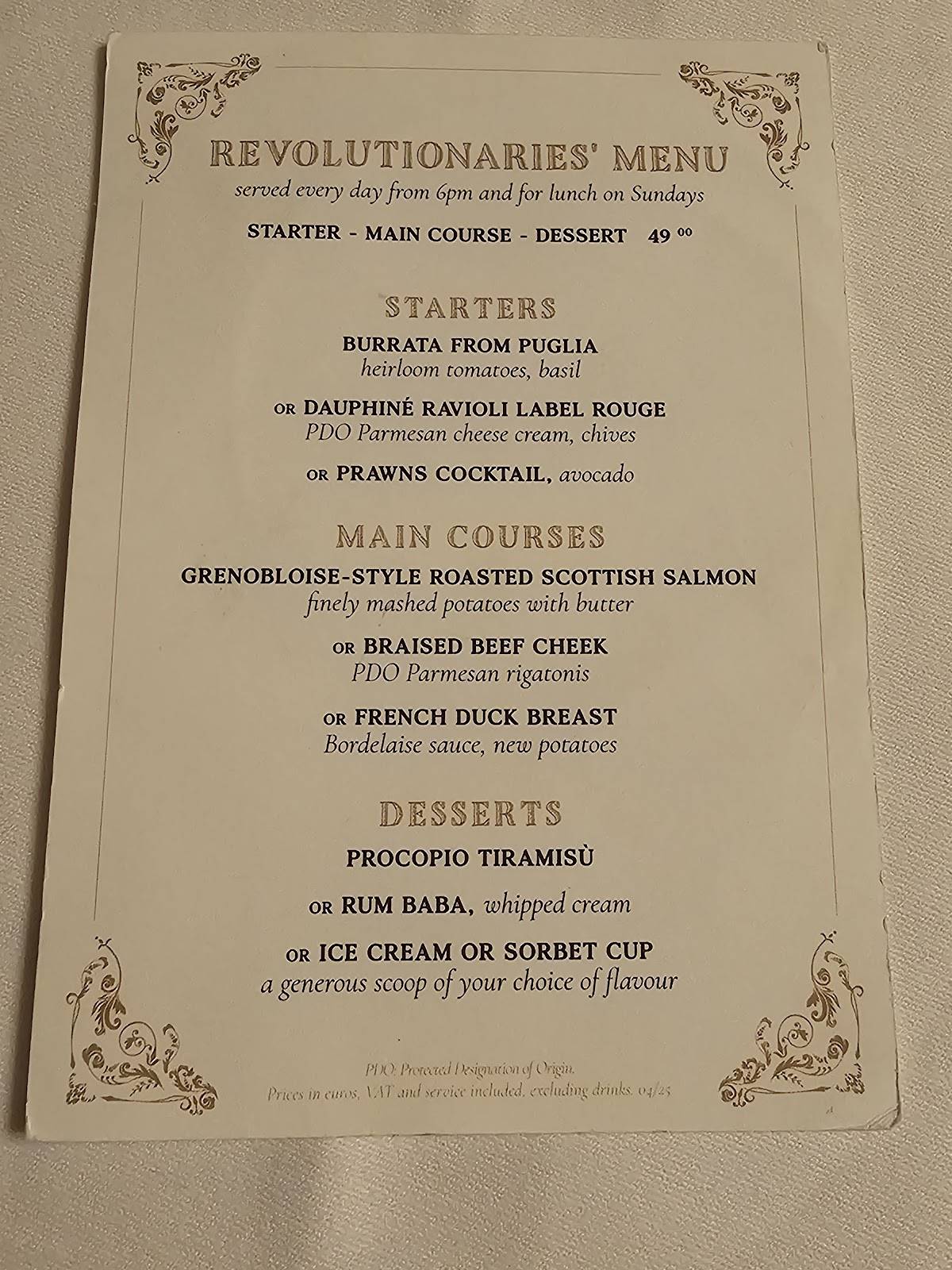 Menu de Le Procope