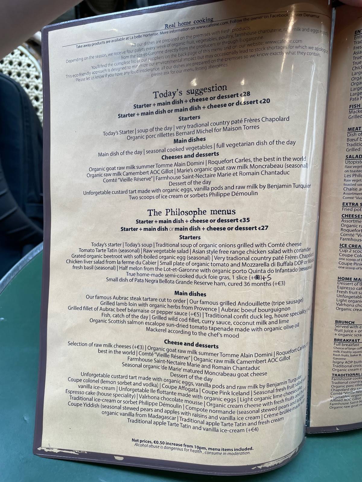 Menu at Les Philosophes restaurant, Paris, 28 Rue Vieille du Temple