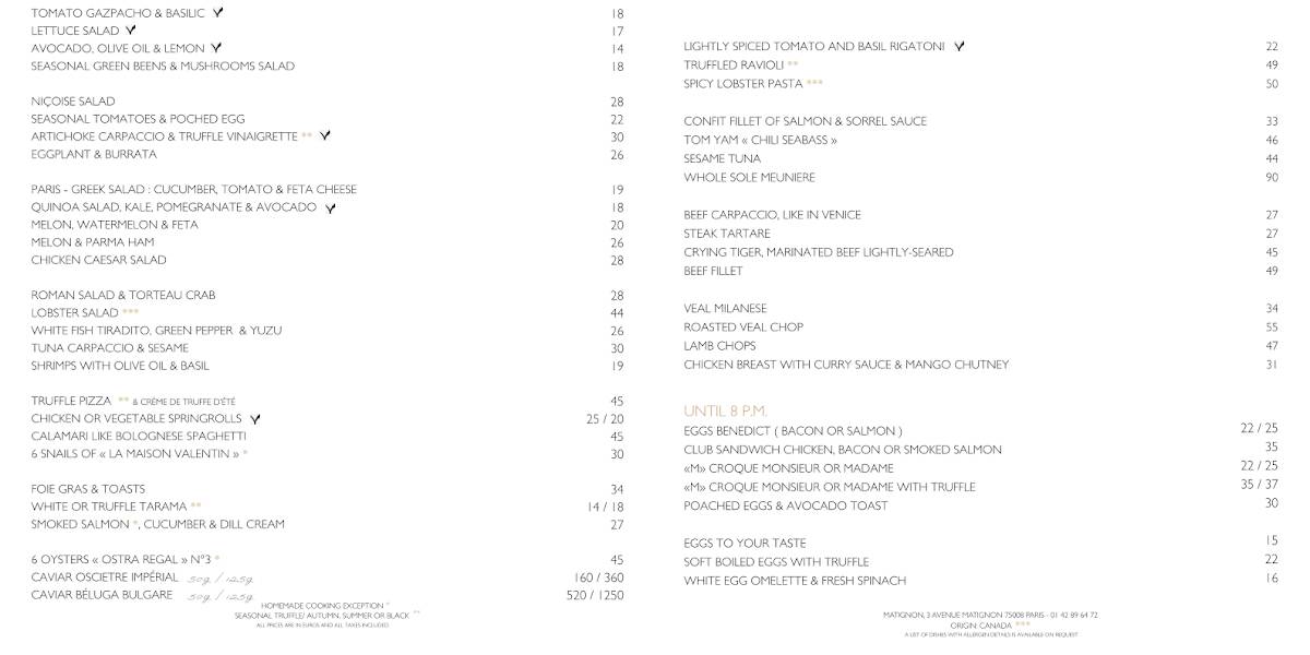 Menu de Matignon