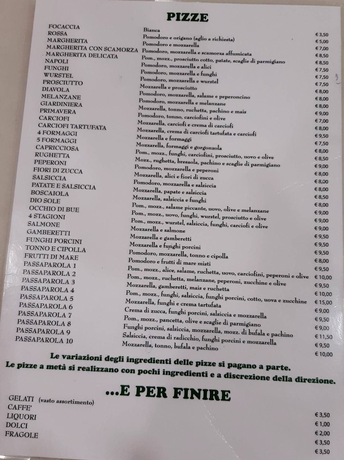 Menu de Passaparola