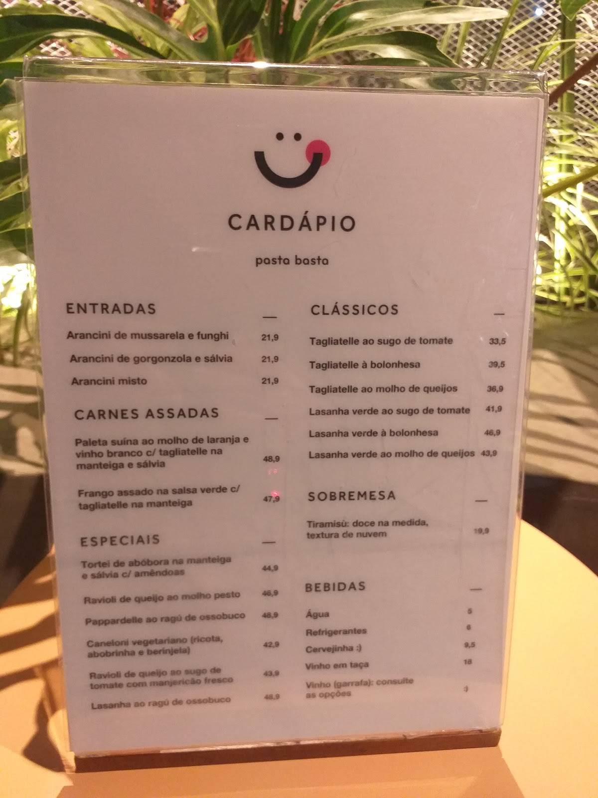 Menu em Pasta Basta restaurante, Curitiba