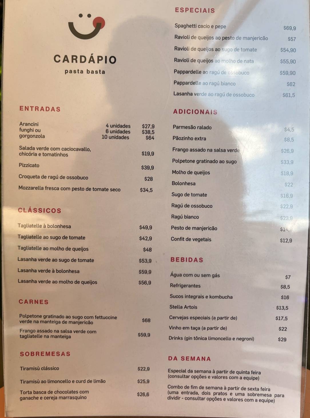 Pasta Basta cardápio