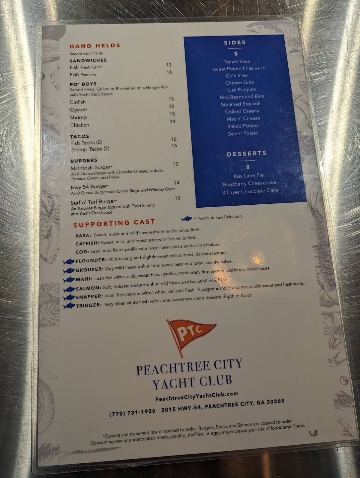 Peachtree City Yacht Club menu