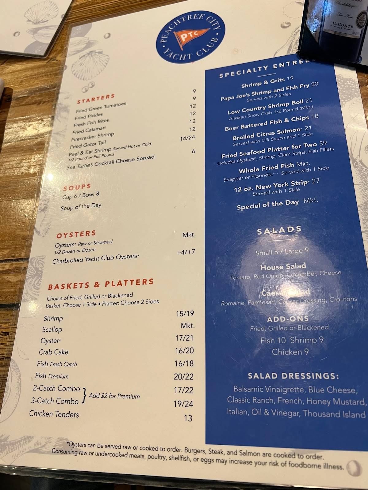 Peachtree City Yacht Club menu