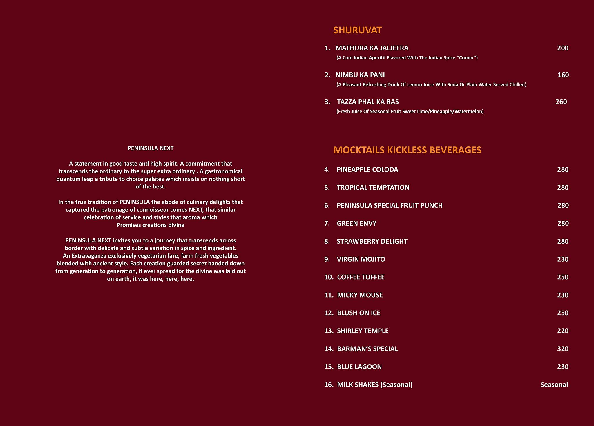 Peninsula menu