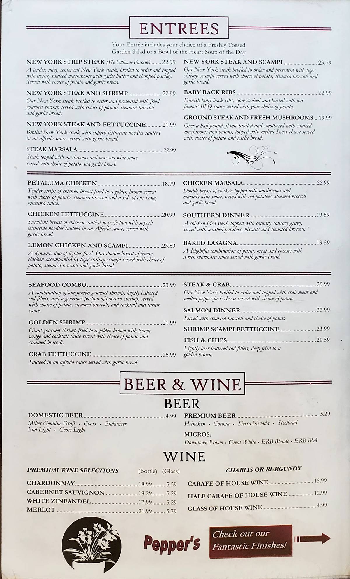 Menu at Pepper's restaurant, Fortuna, 719 S Fortuna Blvd